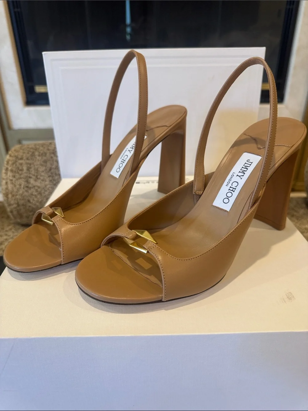 Jimmy Choo Tan Leather Open-Toe Slingback Heels with Gold Accent - Picture 1 of 6